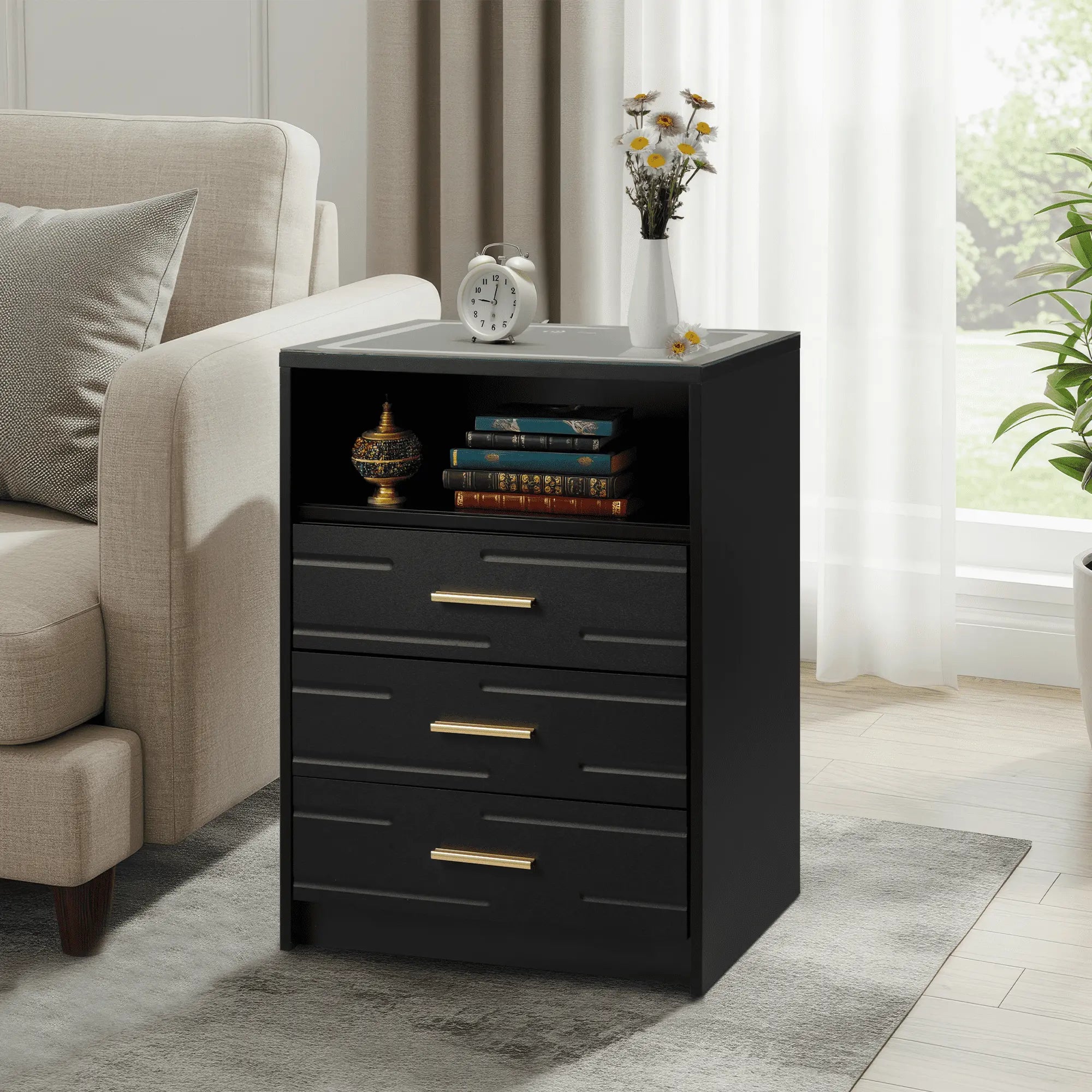 EROMMY Modern Night Stand - Smart LED Bedside Table with Adjustable Leds, Wireless Charging, USB & Type-C Ports, Drawers, Black and Gold Indoor Bedroom Furniture, Nightstand