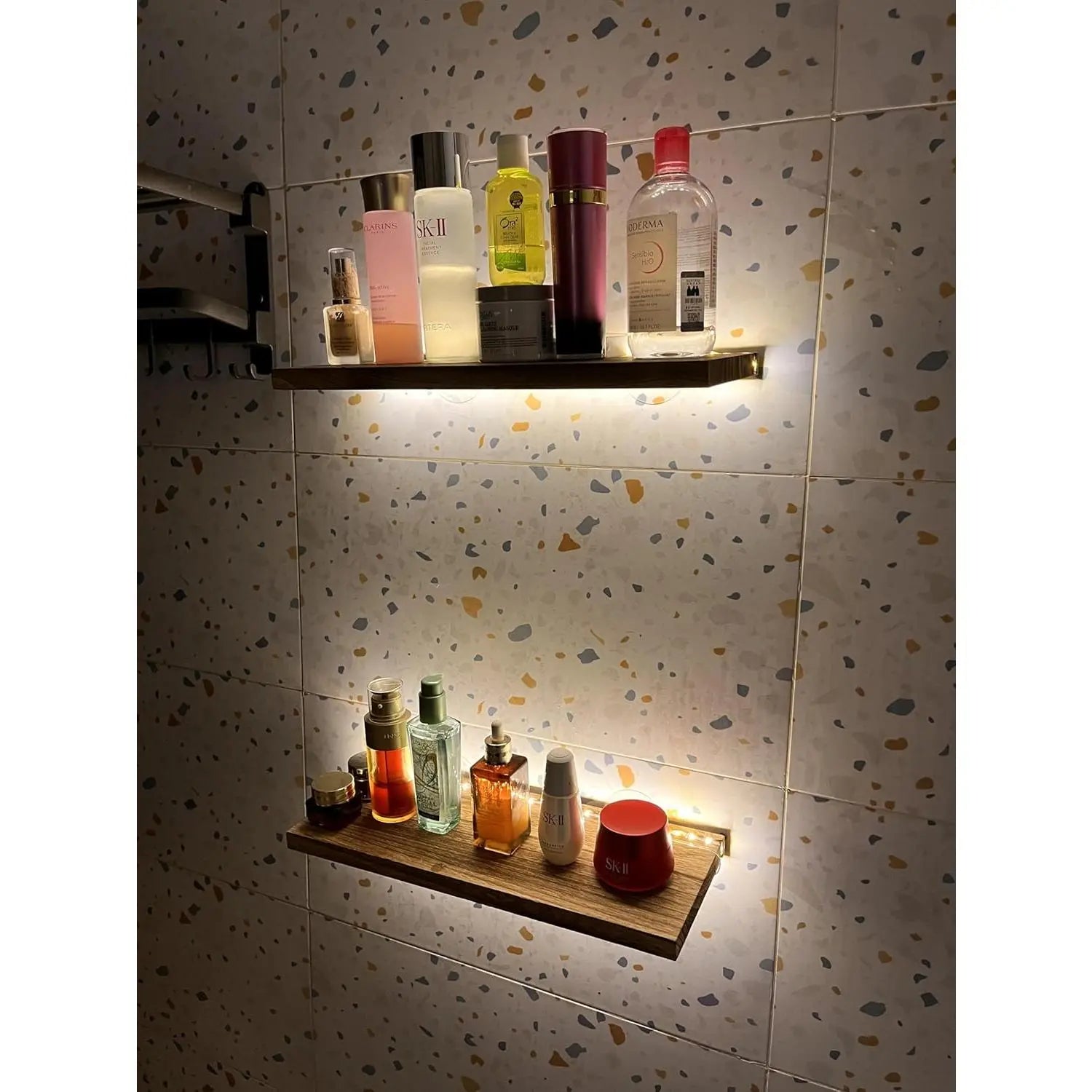 Floating Shelves for Wall Decor Wall Mounted Shelves with LED Lights Set of 2, Sturdy Rustic Shelves Farmhouse Shelf Hanging for Bedroom, Bathroom, Living Room, Kitchen ( Powwer)