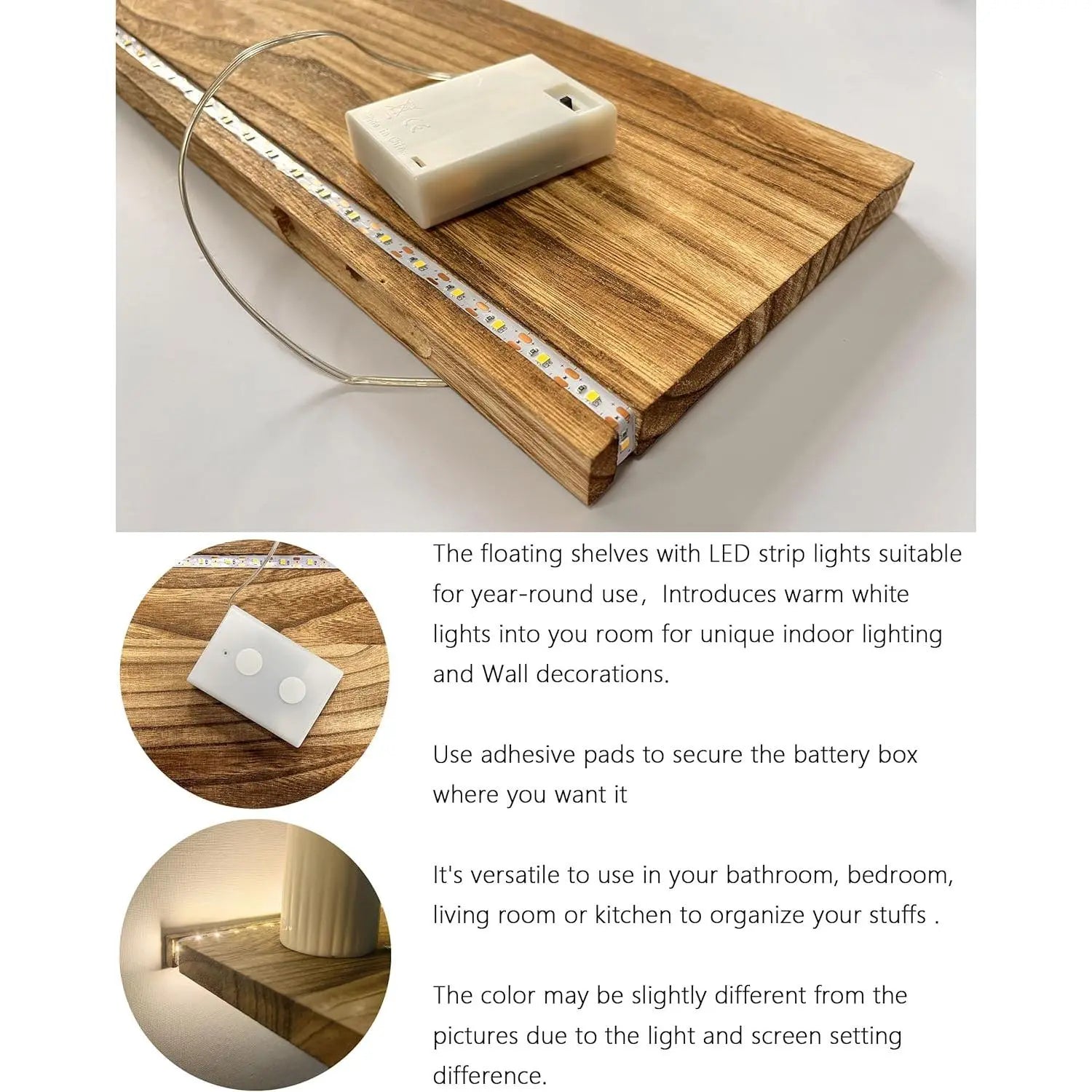 Floating Shelves for Wall Decor Wall Mounted Shelves with LED Lights Set of 2, Sturdy Rustic Shelves Farmhouse Shelf Hanging for Bedroom, Bathroom, Living Room, Kitchen ( Powwer)