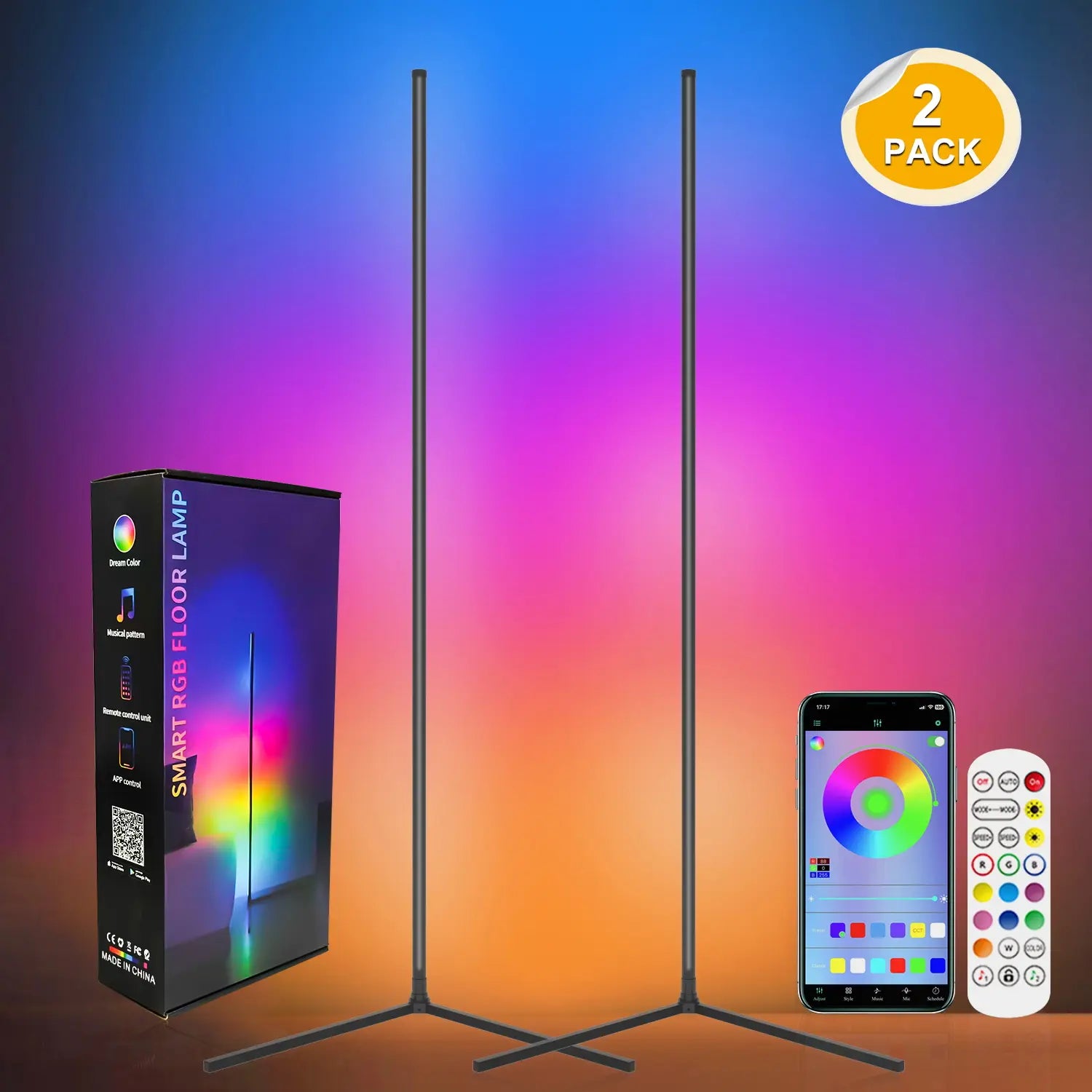 RGB Corner Floor Lamp 16 Million Color Music Sync Changing LED Corner Lamp with Remote & APP Control Smart Modern Floor Lamp
