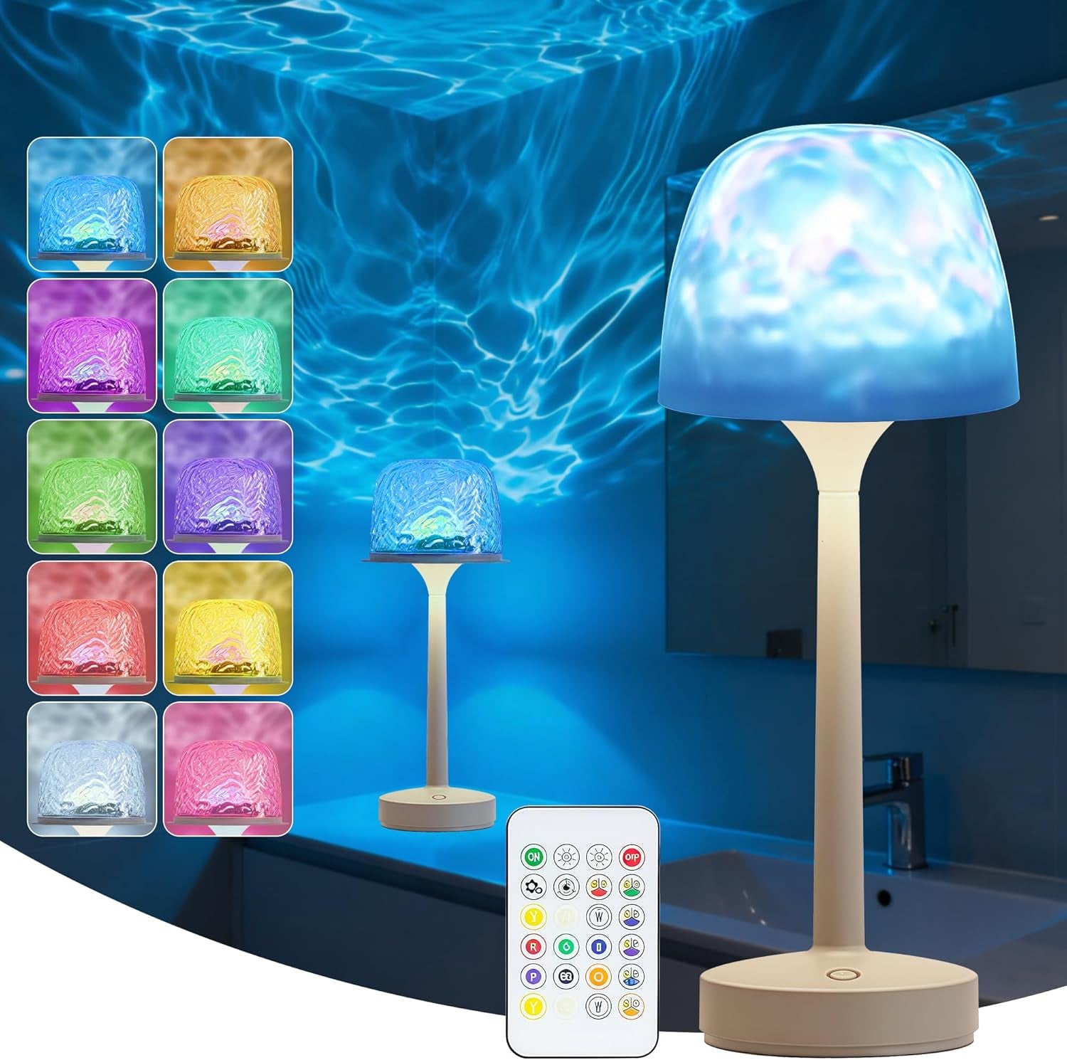 Cordless Lamp,Led Lights,Ocean Wave Projector Light,16-Color Touch Dimmable Bedside Lamps,Ambient Lighting for Bathroom,Inside Shower,Bathtub,Room Decor Aesthetic