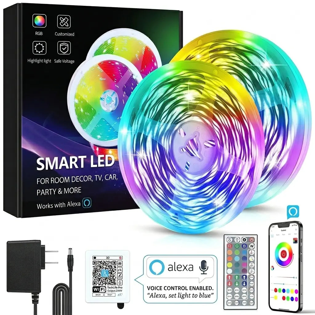 100FT 50FT Smart LED Light Strip RGB Color Changing Music Sync Strip Lights with App & Remote Control for Bedroom Indoor Lighting Decoration Modern