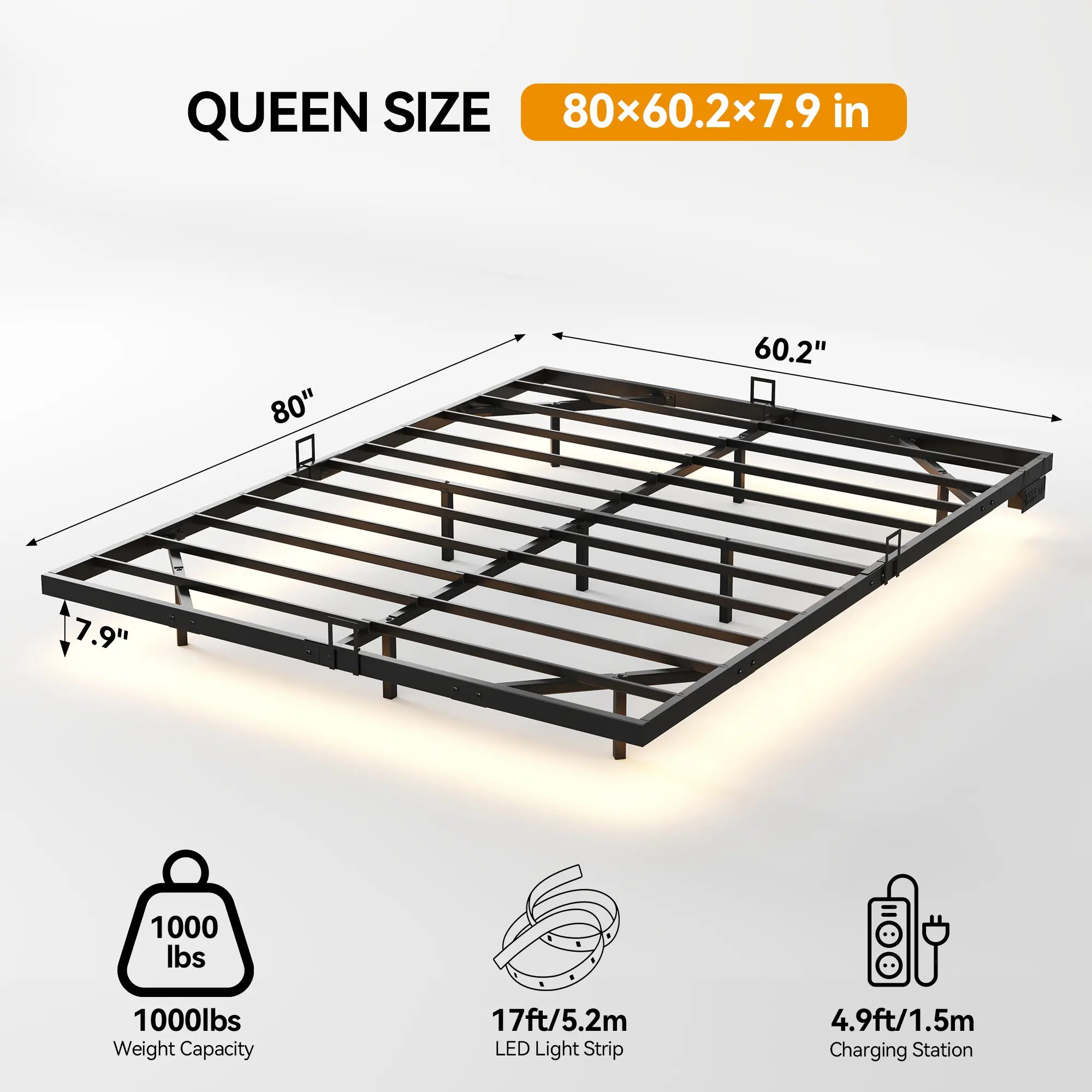 Floating Bed Frame, Metal Platform Bed Frame with LED Lights, Charging Station with 2 Outlets & USB Ports, No Box Spring Needed, Anti-Sliding, Noise Free, Easy Assembly