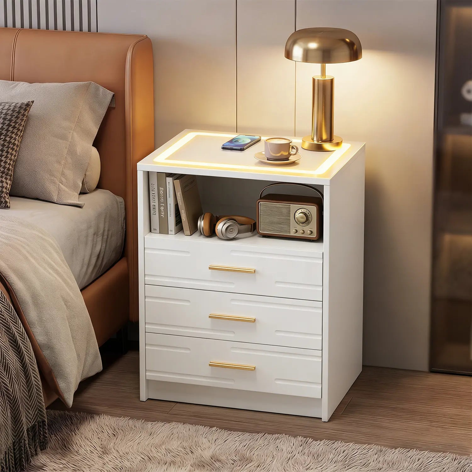 EROMMY Modern Night Stand - Smart LED Bedside Table with Adjustable Leds, Wireless Charging, USB & Type-C Ports, Drawers, Black and Gold Indoor Bedroom Furniture, Nightstand