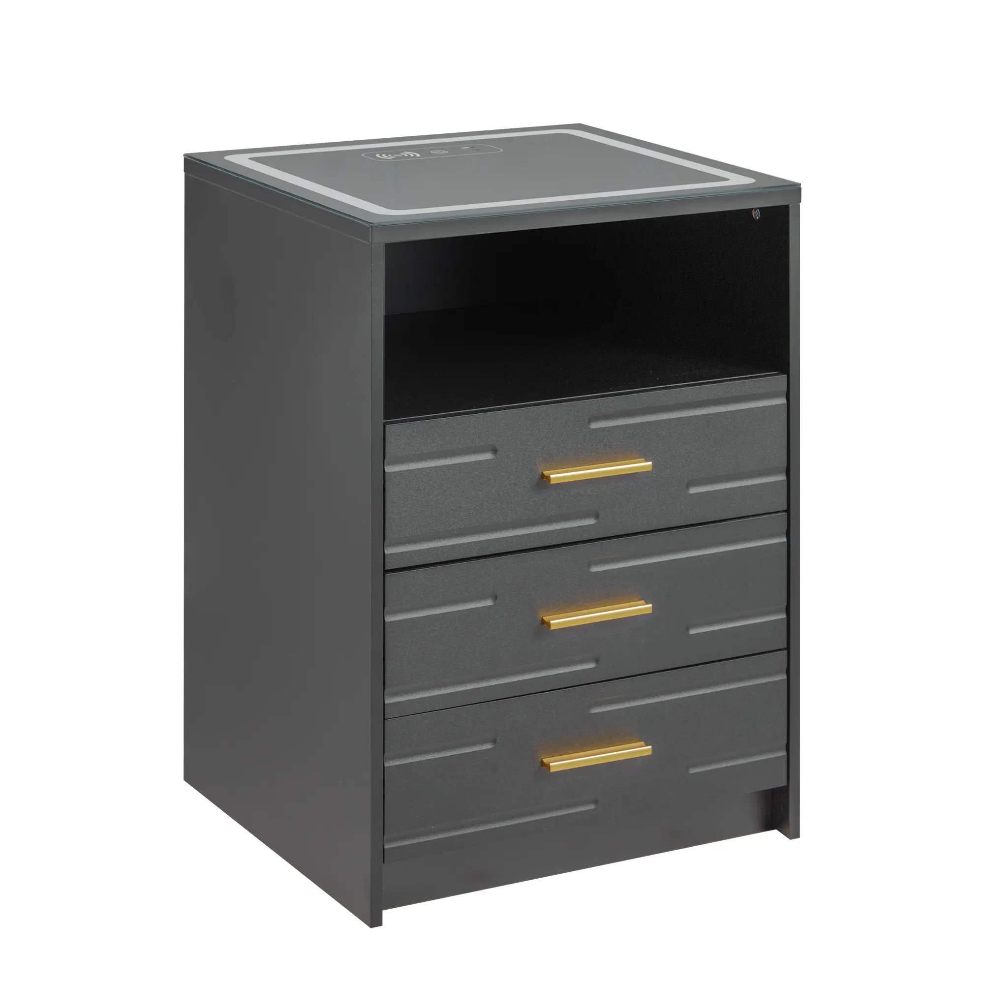 EROMMY Modern Night Stand - Smart LED Bedside Table with Adjustable Leds, Wireless Charging, USB & Type-C Ports, Drawers, Black and Gold Indoor Bedroom Furniture, Nightstand