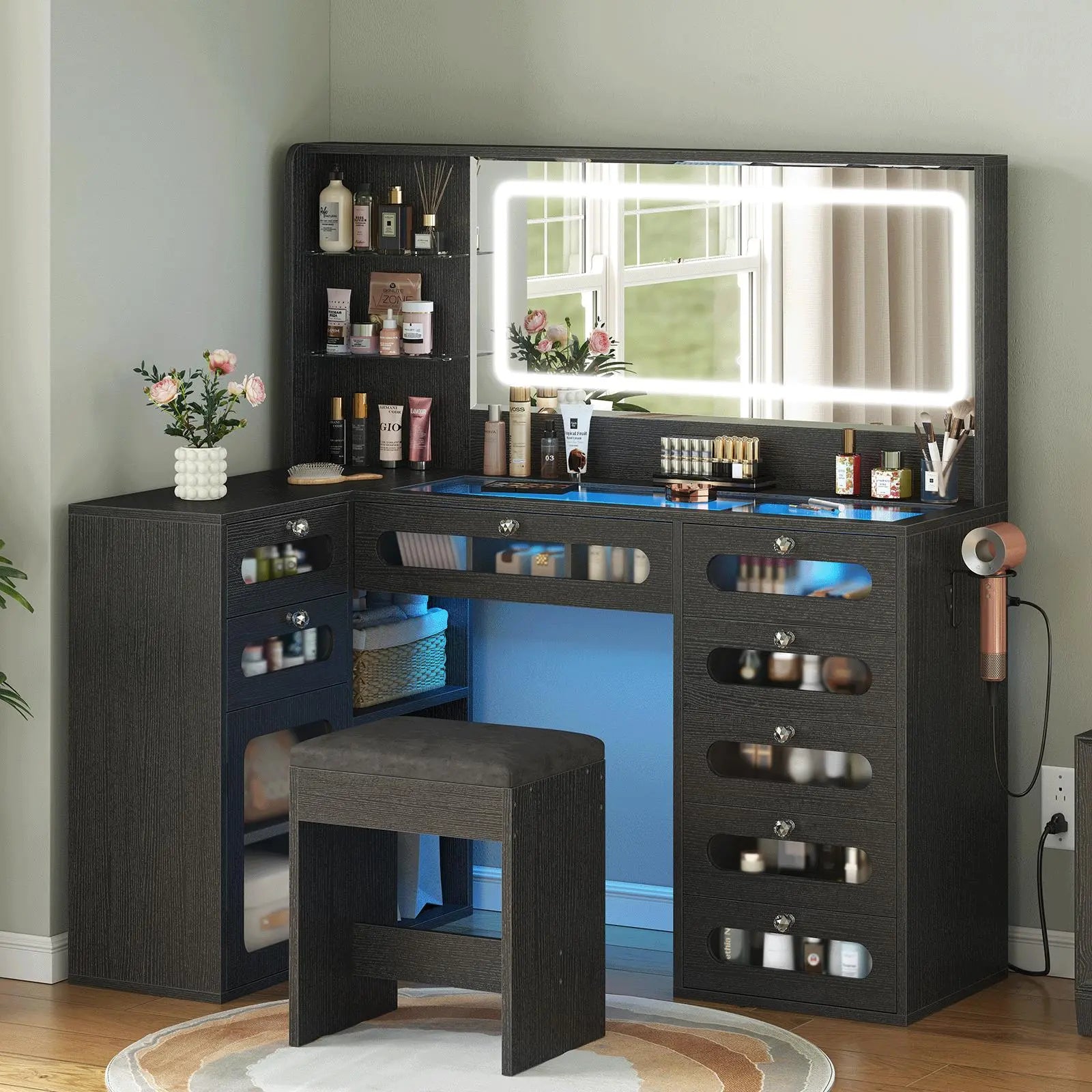 Vanity Desk with LED Mirror, Makeup Vanity with Charging Station, Cabinets , 8 Drawers Vanity Set with Glass Top, Dressing Table for Bedroom, White Led Mirror Desk