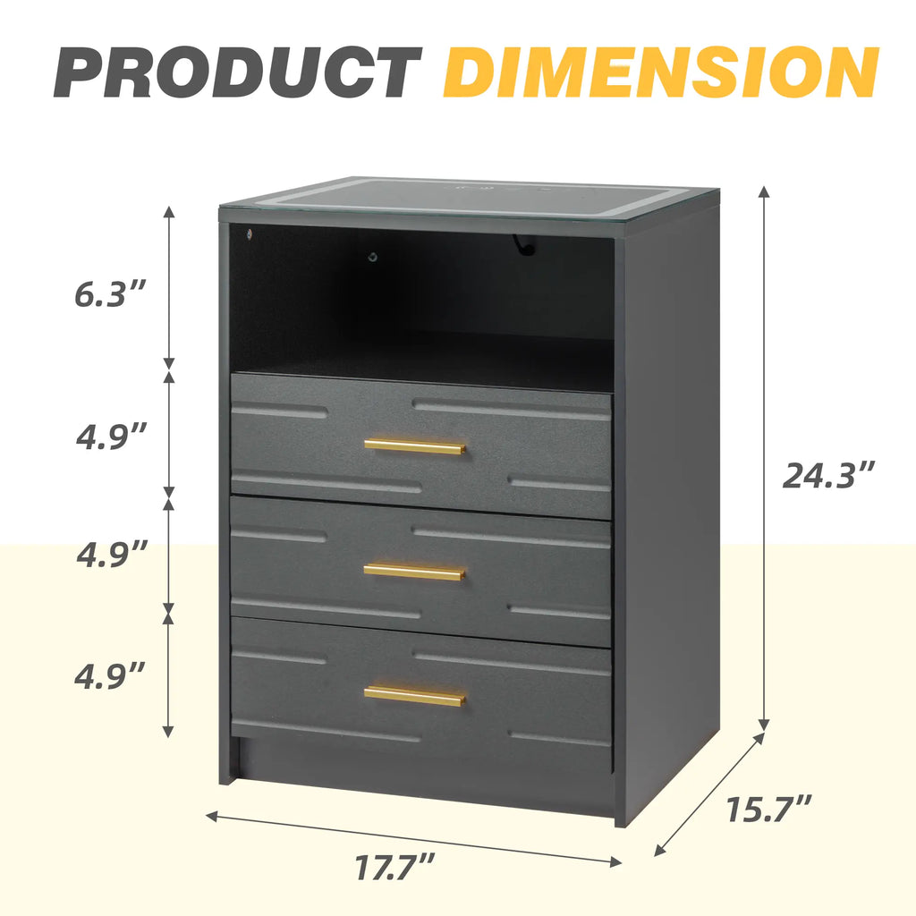 EROMMY Modern Night Stand - Smart LED Bedside Table with Adjustable Leds, Wireless Charging, USB & Type-C Ports, Drawers, Black and Gold Indoor Bedroom Furniture, Nightstand
