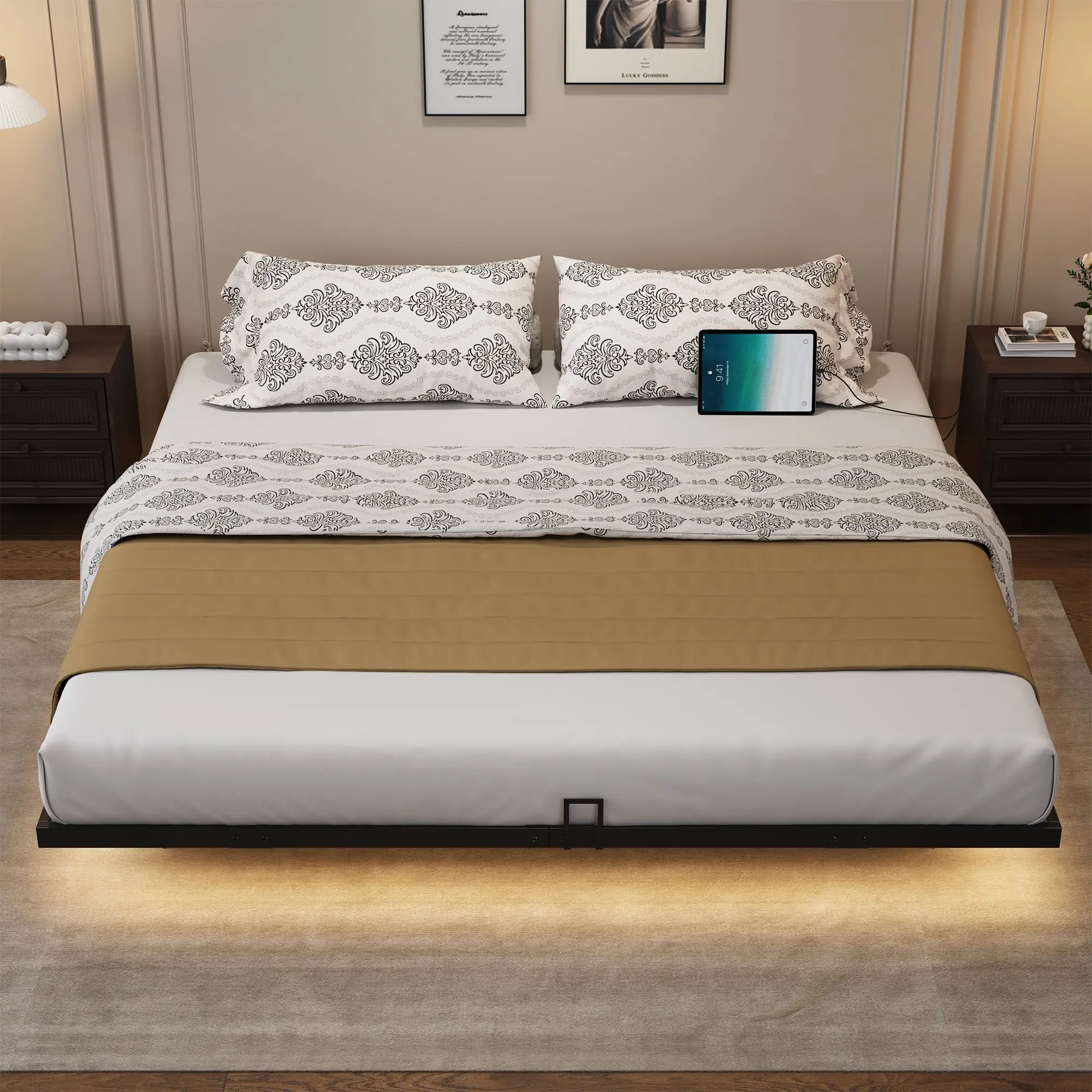 Floating Bed Frame, Metal Platform Bed Frame with LED Lights, Charging Station with 2 Outlets & USB Ports, No Box Spring Needed, Anti-Sliding, Noise Free, Easy Assembly