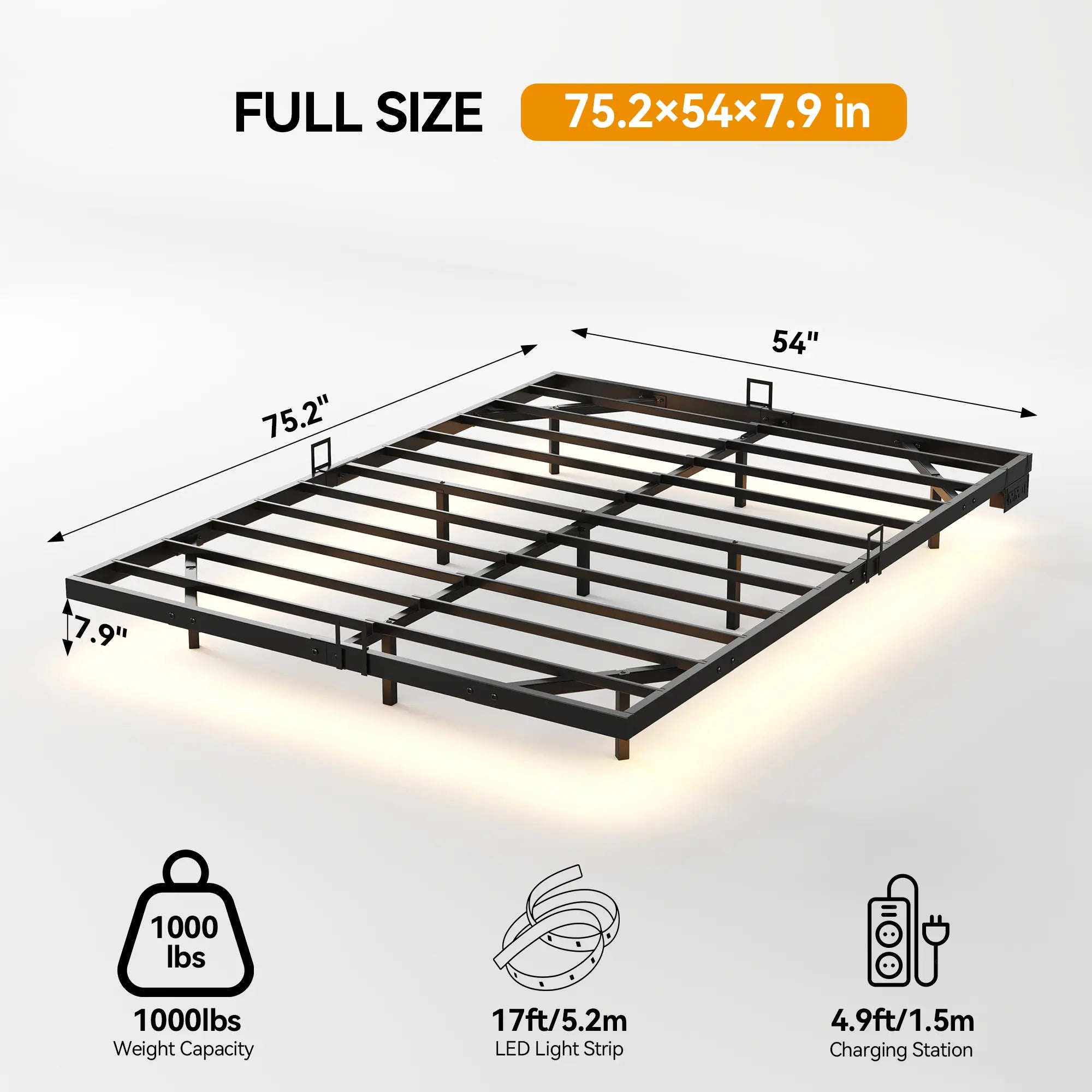 Floating Bed Frame, Metal Platform Bed Frame with LED Lights, Charging Station with 2 Outlets & USB Ports, No Box Spring Needed, Anti-Sliding, Noise Free, Easy Assembly