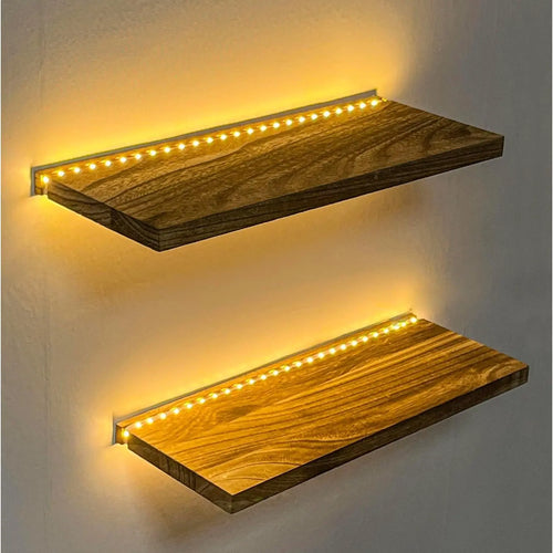 Floating Shelves for Wall Decor Wall Mounted Shelves with LED Lights Set of 2, Sturdy Rustic Shelves Farmhouse Shelf Hanging for Bedroom, Bathroom, Living Room, Kitchen ( Powwer)