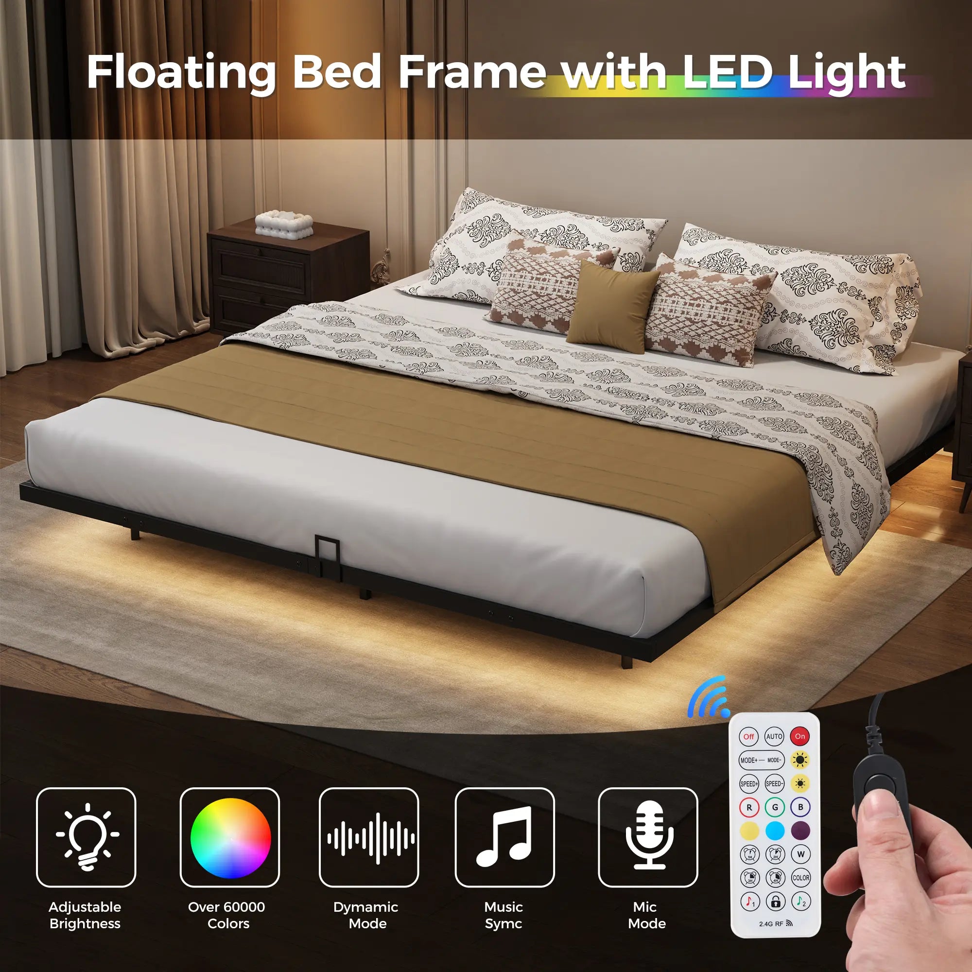 Floating Bed Frame, Metal Platform Bed Frame with LED Lights, Charging Station with 2 Outlets & USB Ports, No Box Spring Needed, Anti-Sliding, Noise Free, Easy Assembly