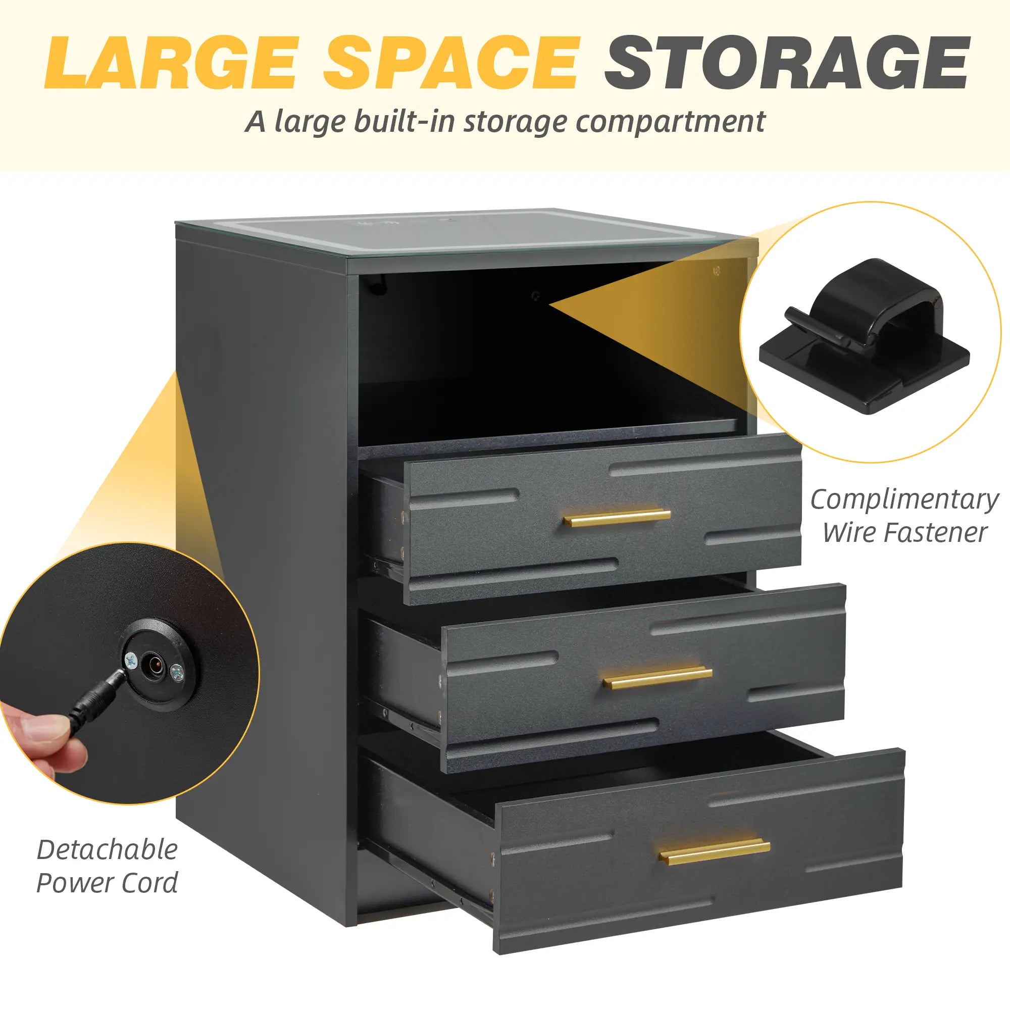 EROMMY Modern Night Stand - Smart LED Bedside Table with Adjustable Leds, Wireless Charging, USB & Type-C Ports, Drawers, Black and Gold Indoor Bedroom Furniture, Nightstand