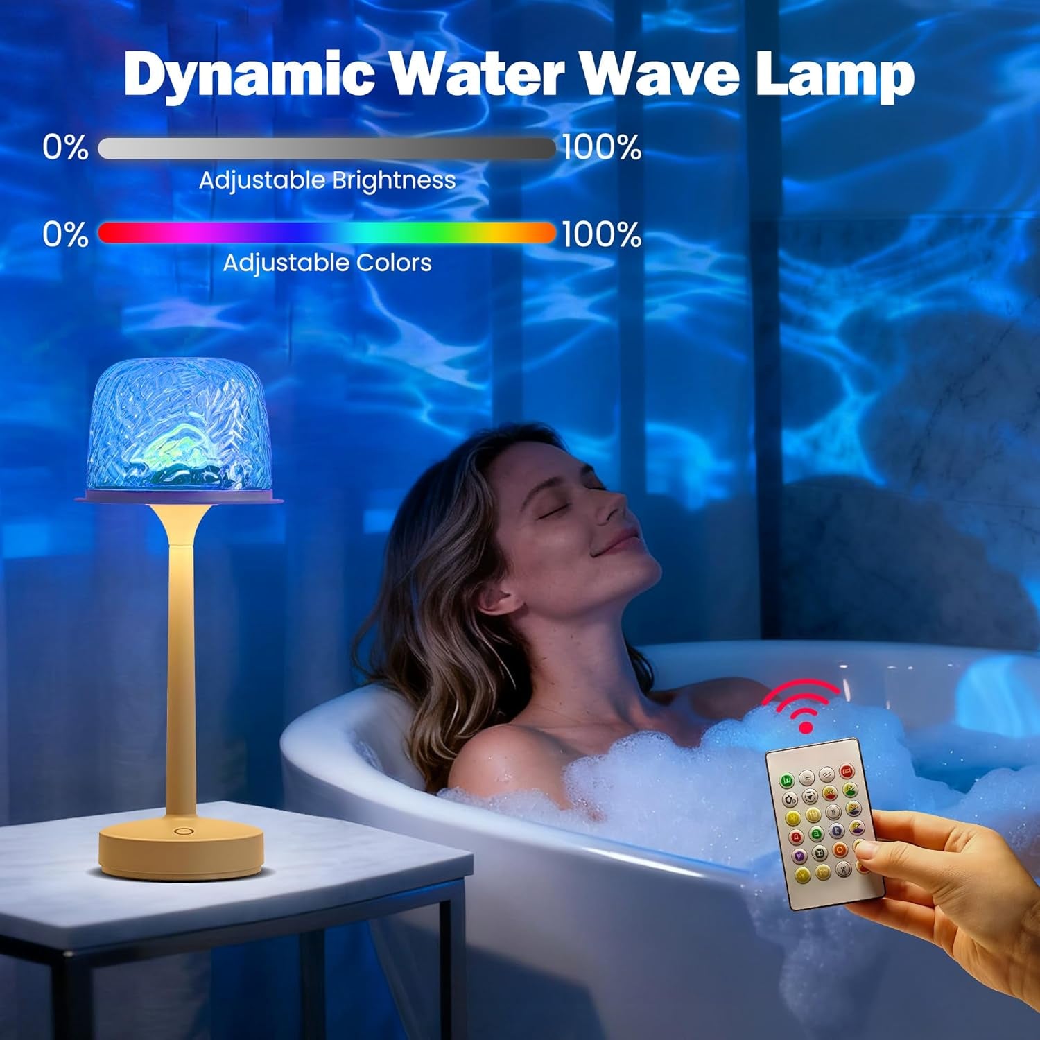 Cordless Lamp,Led Lights,Ocean Wave Projector Light,16-Color Touch Dimmable Bedside Lamps,Ambient Lighting for Bathroom,Inside Shower,Bathtub,Room Decor Aesthetic