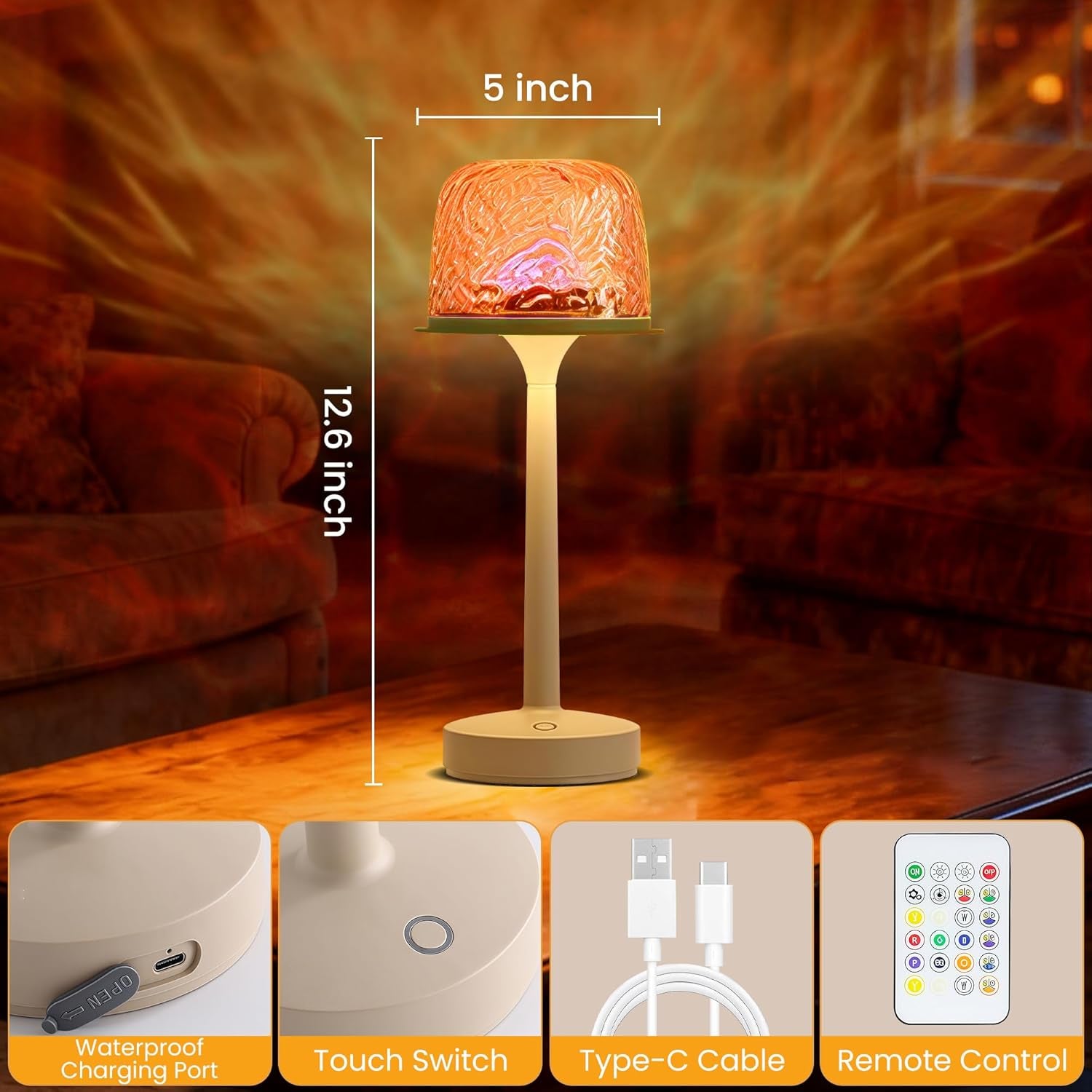 Cordless Lamp,Led Lights,Ocean Wave Projector Light,16-Color Touch Dimmable Bedside Lamps,Ambient Lighting for Bathroom,Inside Shower,Bathtub,Room Decor Aesthetic