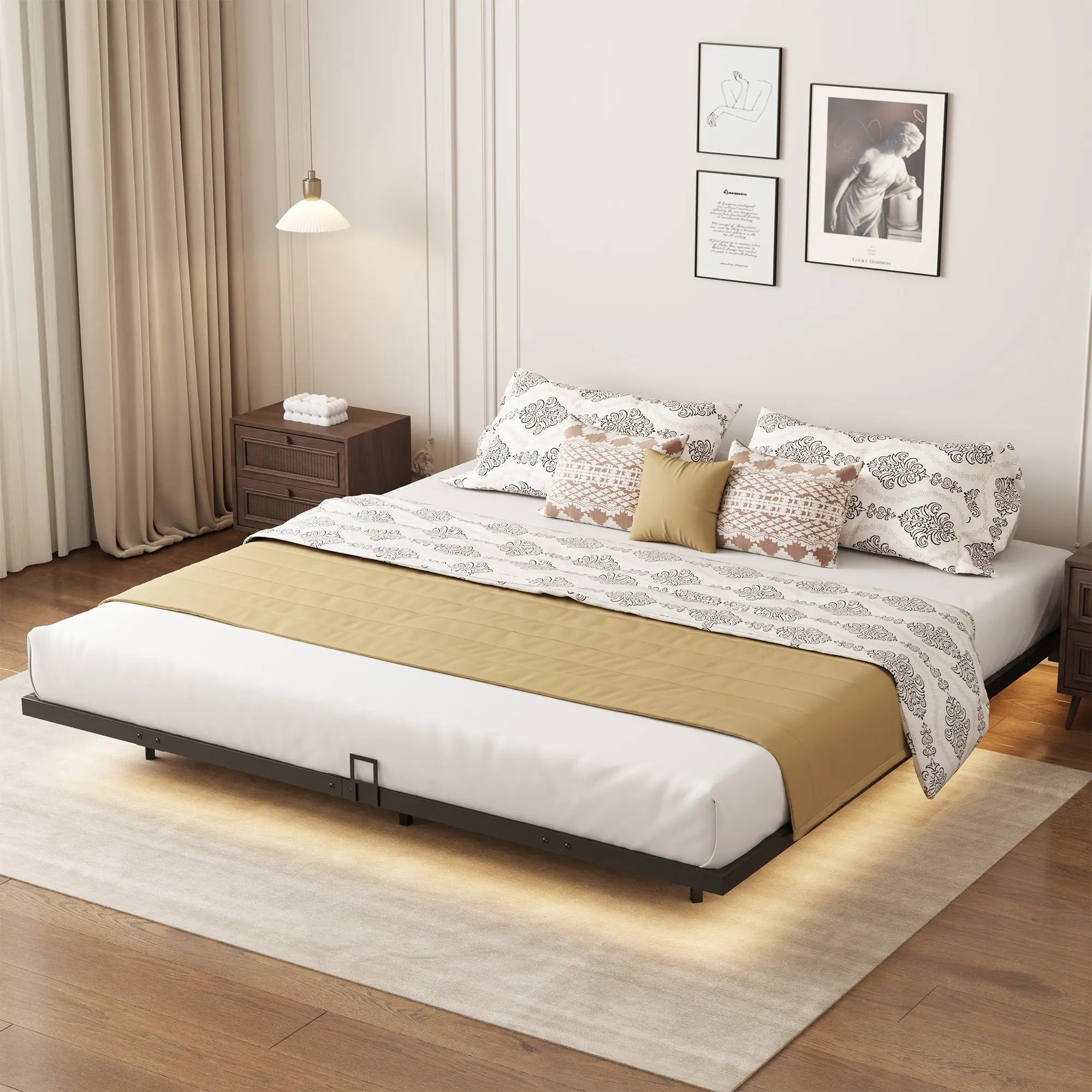 Floating Bed Frame, Metal Platform Bed Frame with LED Lights, Charging Station with 2 Outlets & USB Ports, No Box Spring Needed, Anti-Sliding, Noise Free, Easy Assembly