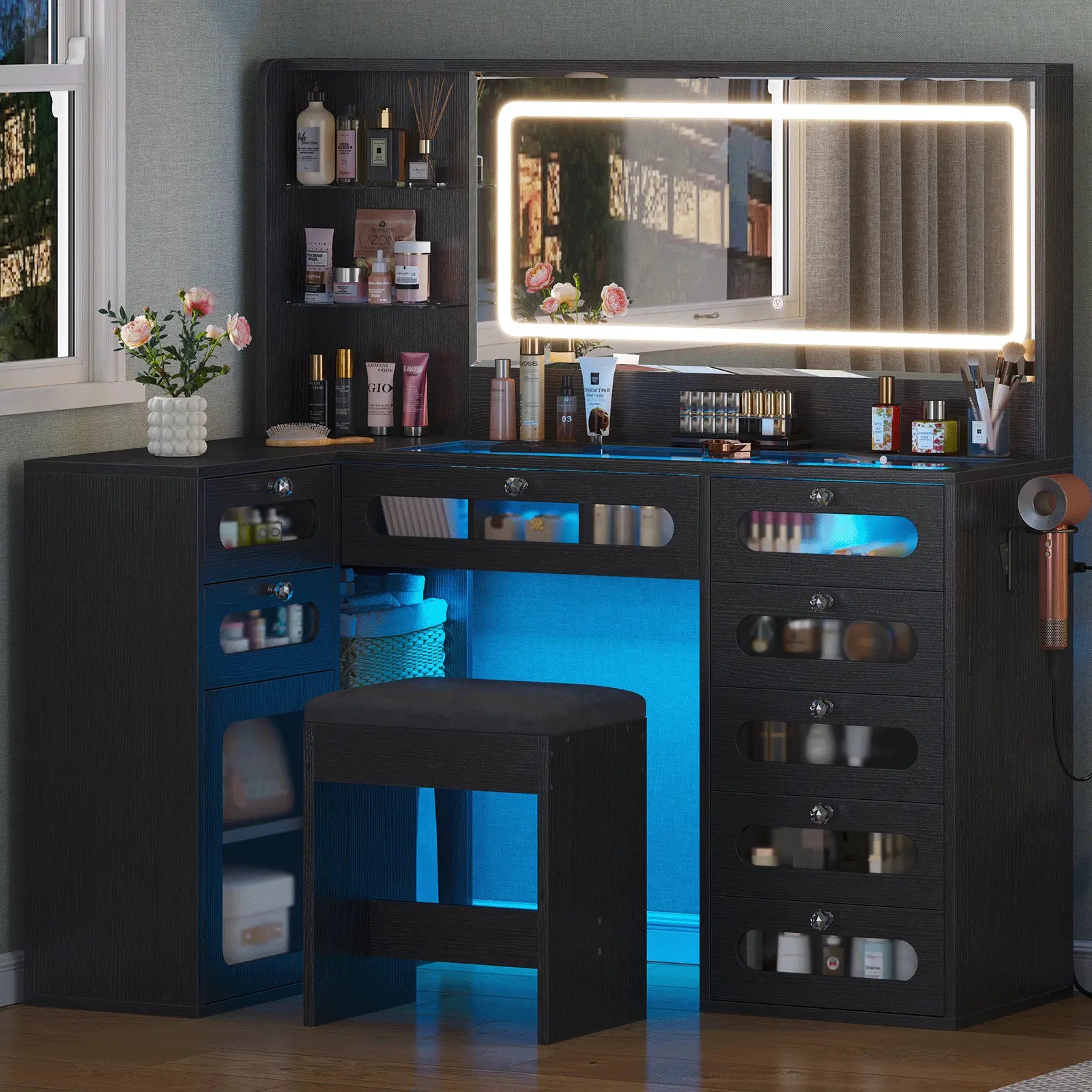 Vanity Desk with LED Mirror, Makeup Vanity with Charging Station, Cabinets , 8 Drawers Vanity Set with Glass Top, Dressing Table for Bedroom, White Led Mirror Desk