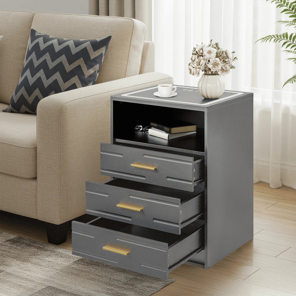 EROMMY Modern Night Stand - Smart LED Bedside Table with Adjustable Leds, Wireless Charging, USB & Type-C Ports, Drawers, Black and Gold Indoor Bedroom Furniture, Nightstand