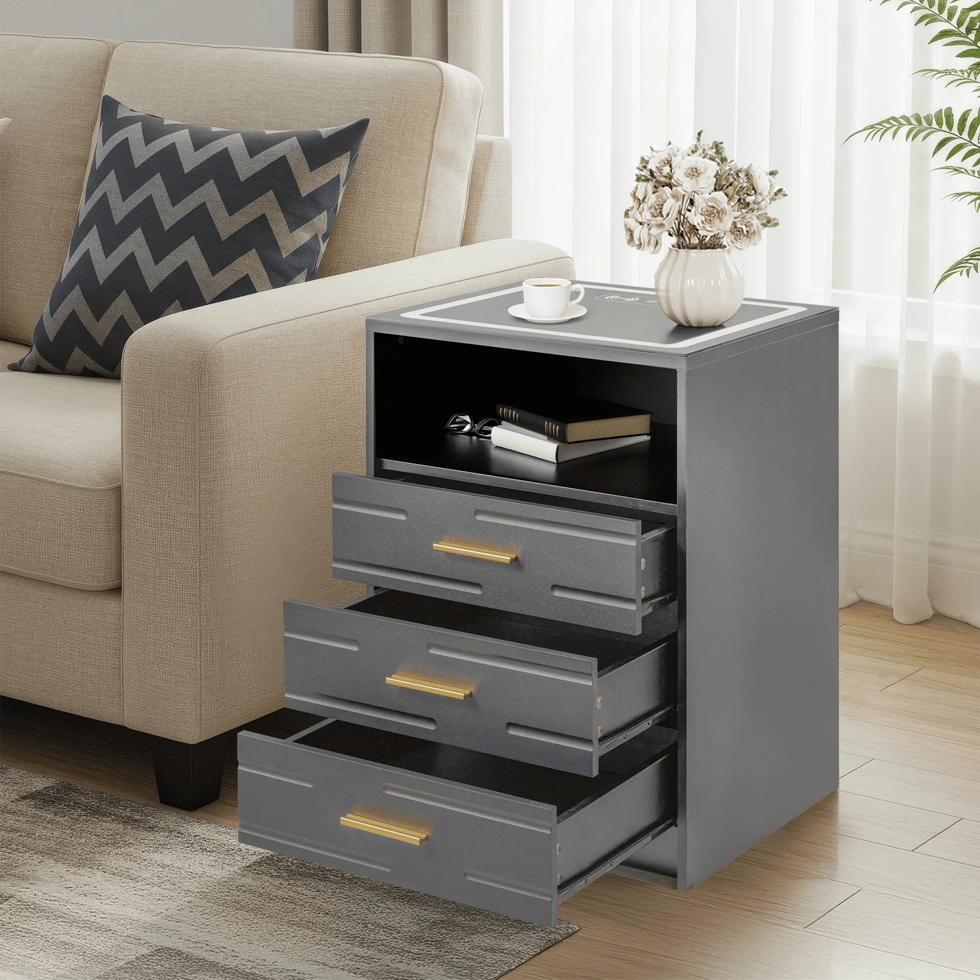 EROMMY Modern Night Stand - Smart LED Bedside Table with Adjustable Leds, Wireless Charging, USB & Type-C Ports, Drawers, Black and Gold Indoor Bedroom Furniture, Nightstand