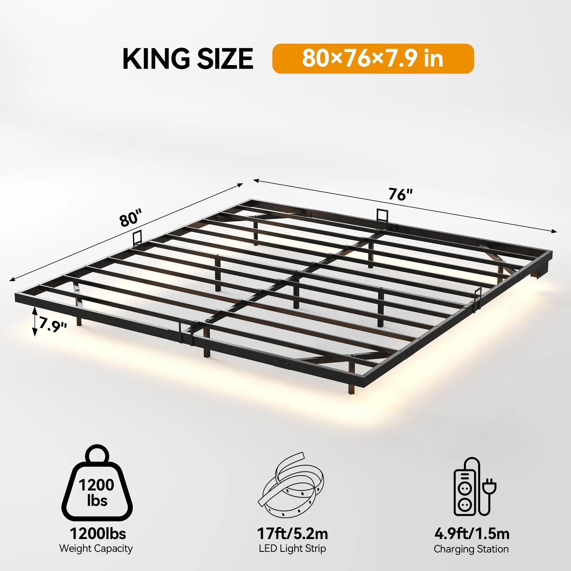 Floating Bed Frame, Metal Platform Bed Frame with LED Lights, Charging Station with 2 Outlets & USB Ports, No Box Spring Needed, Anti-Sliding, Noise Free, Easy Assembly
