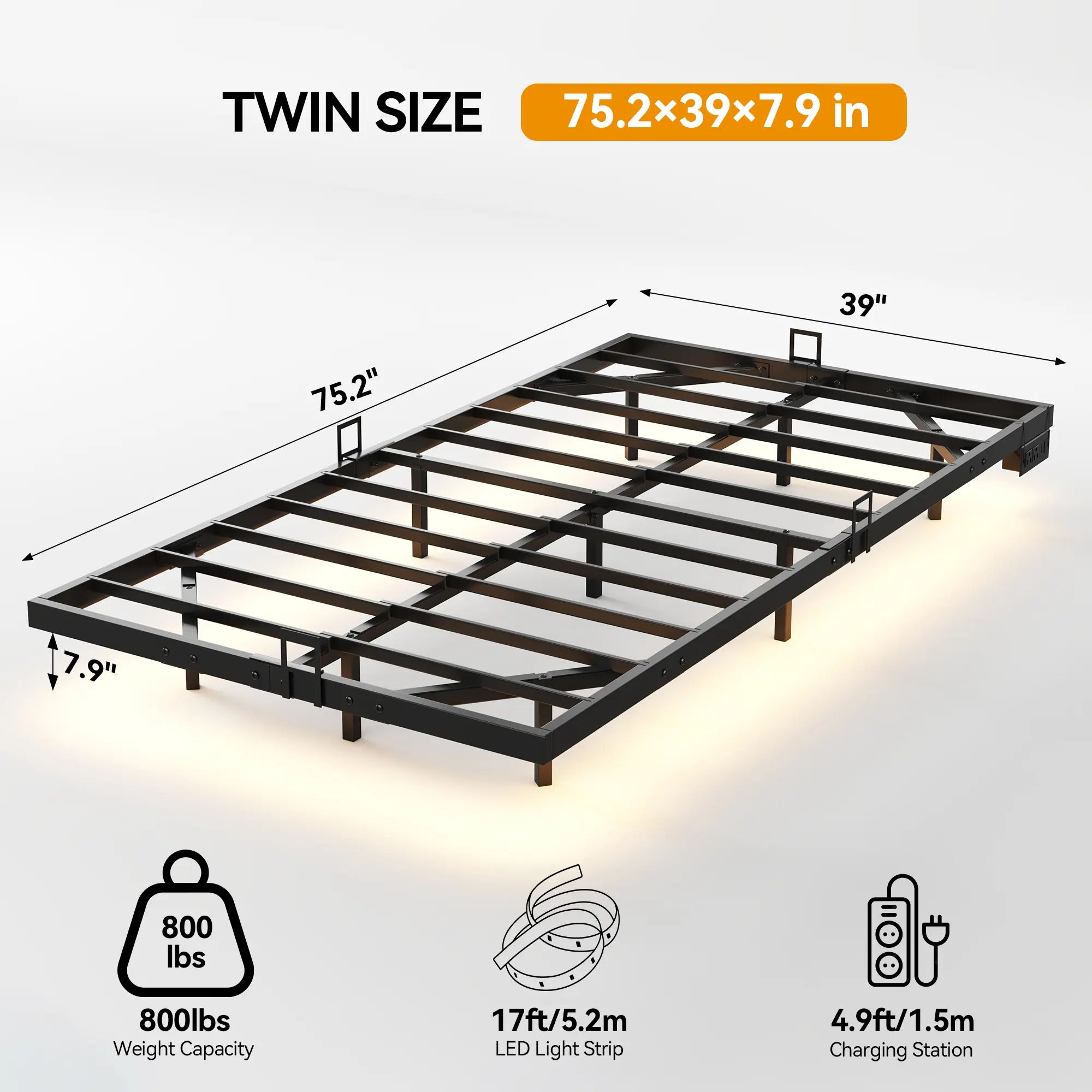 Floating Bed Frame, Metal Platform Bed Frame with LED Lights, Charging Station with 2 Outlets & USB Ports, No Box Spring Needed, Anti-Sliding, Noise Free, Easy Assembly