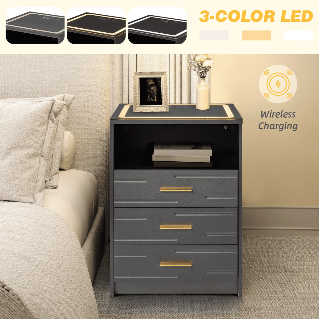 EROMMY Modern Night Stand - Smart LED Bedside Table with Adjustable Leds, Wireless Charging, USB & Type-C Ports, Drawers, Black and Gold Indoor Bedroom Furniture, Nightstand