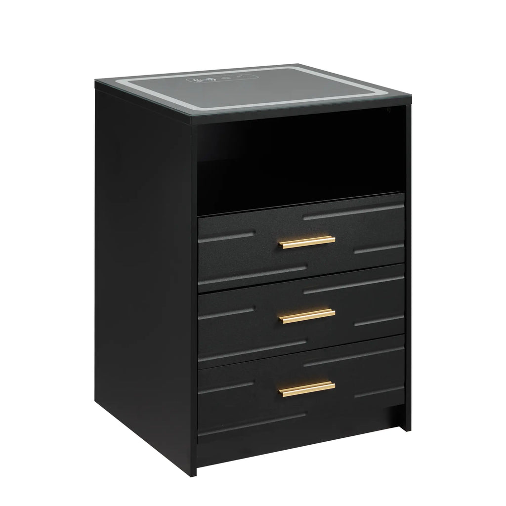 EROMMY Modern Night Stand - Smart LED Bedside Table with Adjustable Leds, Wireless Charging, USB & Type-C Ports, Drawers, Black and Gold Indoor Bedroom Furniture, Nightstand