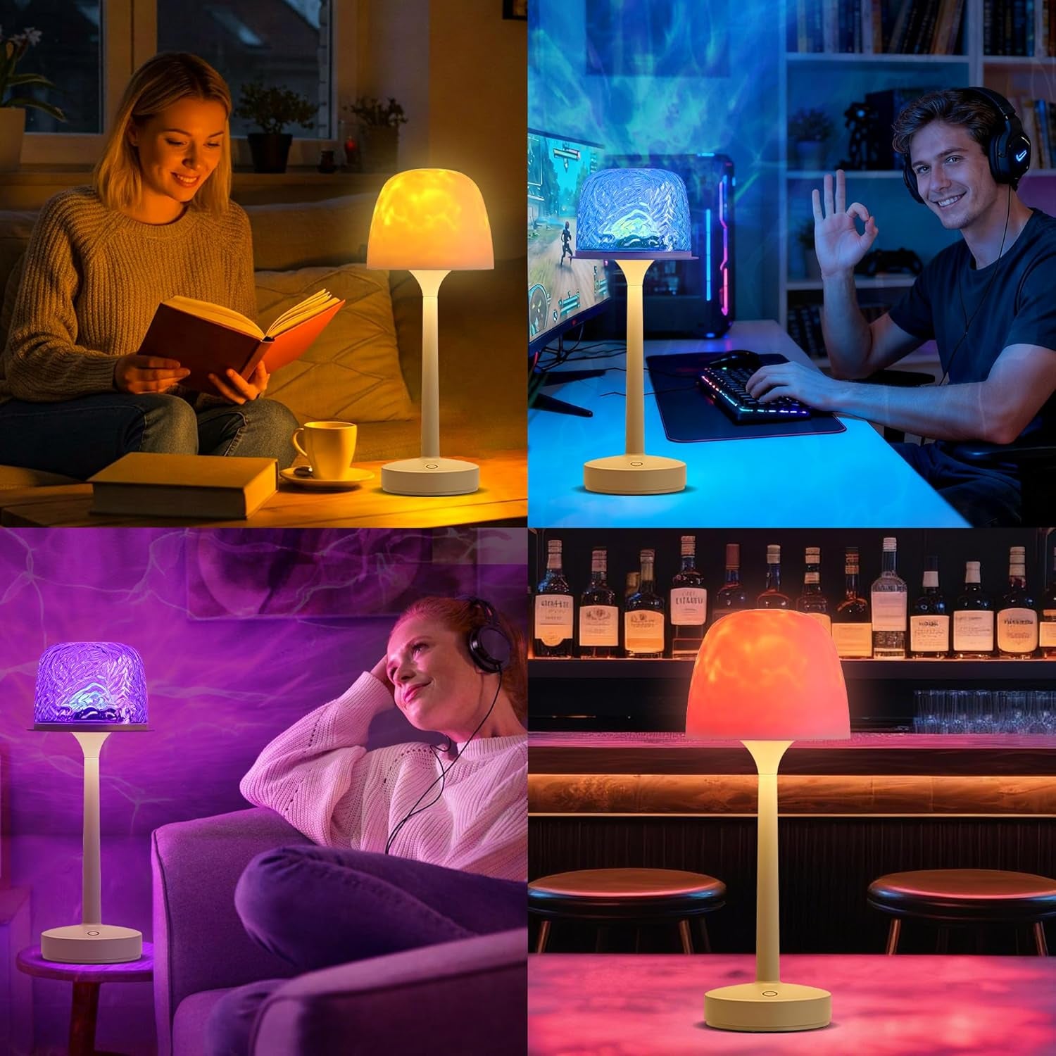Cordless Lamp,Led Lights,Ocean Wave Projector Light,16-Color Touch Dimmable Bedside Lamps,Ambient Lighting for Bathroom,Inside Shower,Bathtub,Room Decor Aesthetic