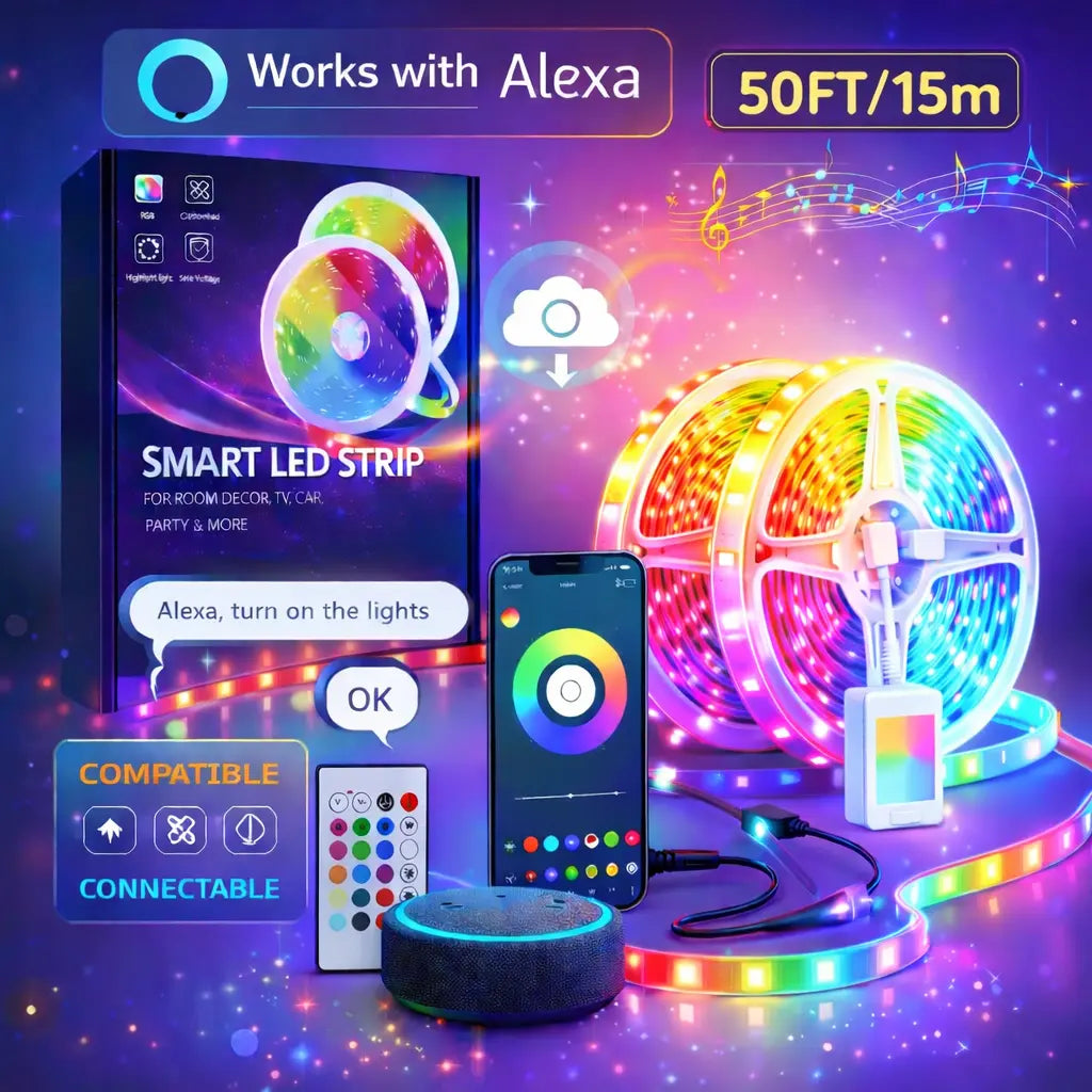 100FT 50FT Smart LED Light Strip RGB Color Changing Music Sync Strip Lights with App & Remote Control for Bedroom Indoor Lighting Decoration Modern