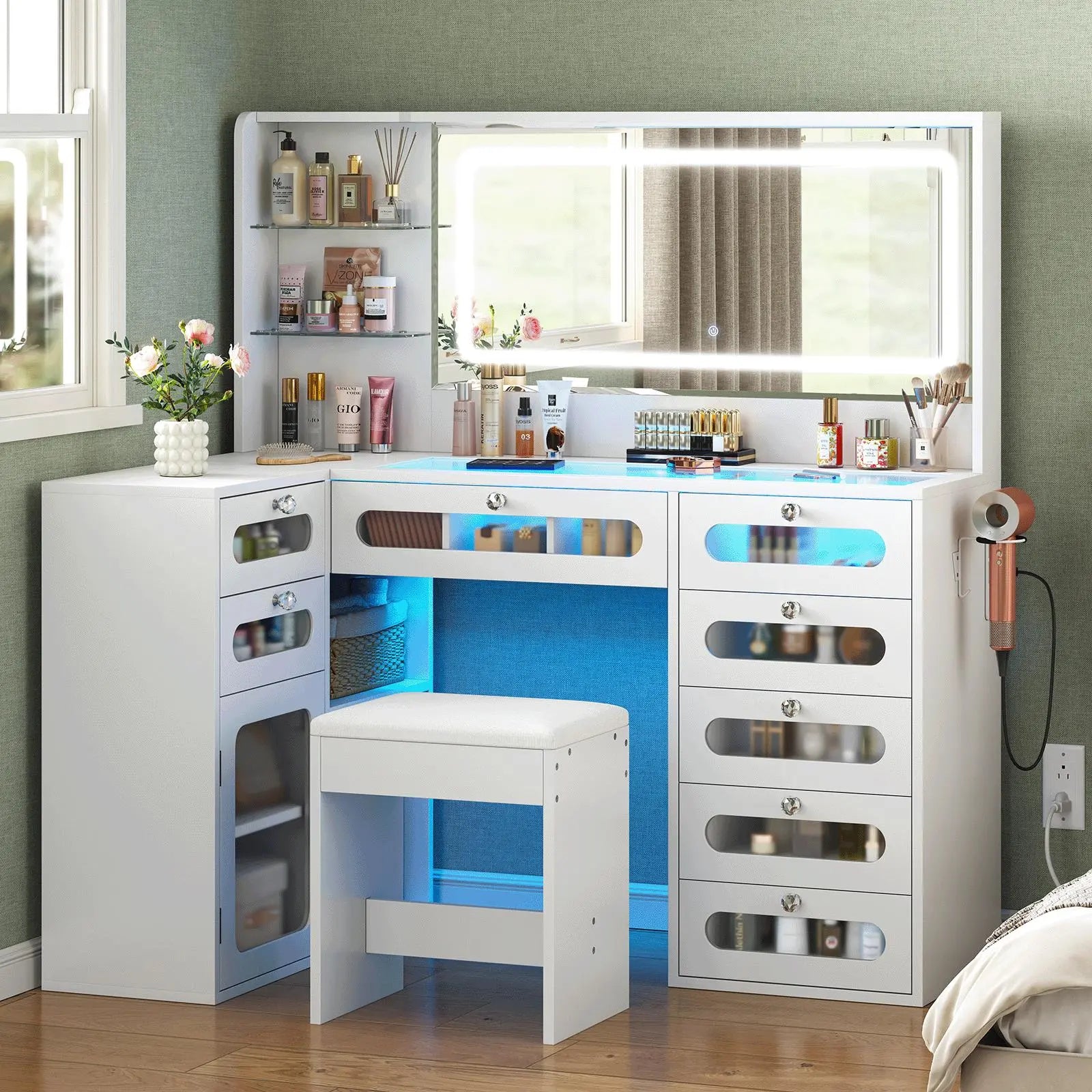 Vanity Desk with LED Mirror, Makeup Vanity with Charging Station, Cabinets , 8 Drawers Vanity Set with Glass Top, Dressing Table for Bedroom, White Led Mirror Desk