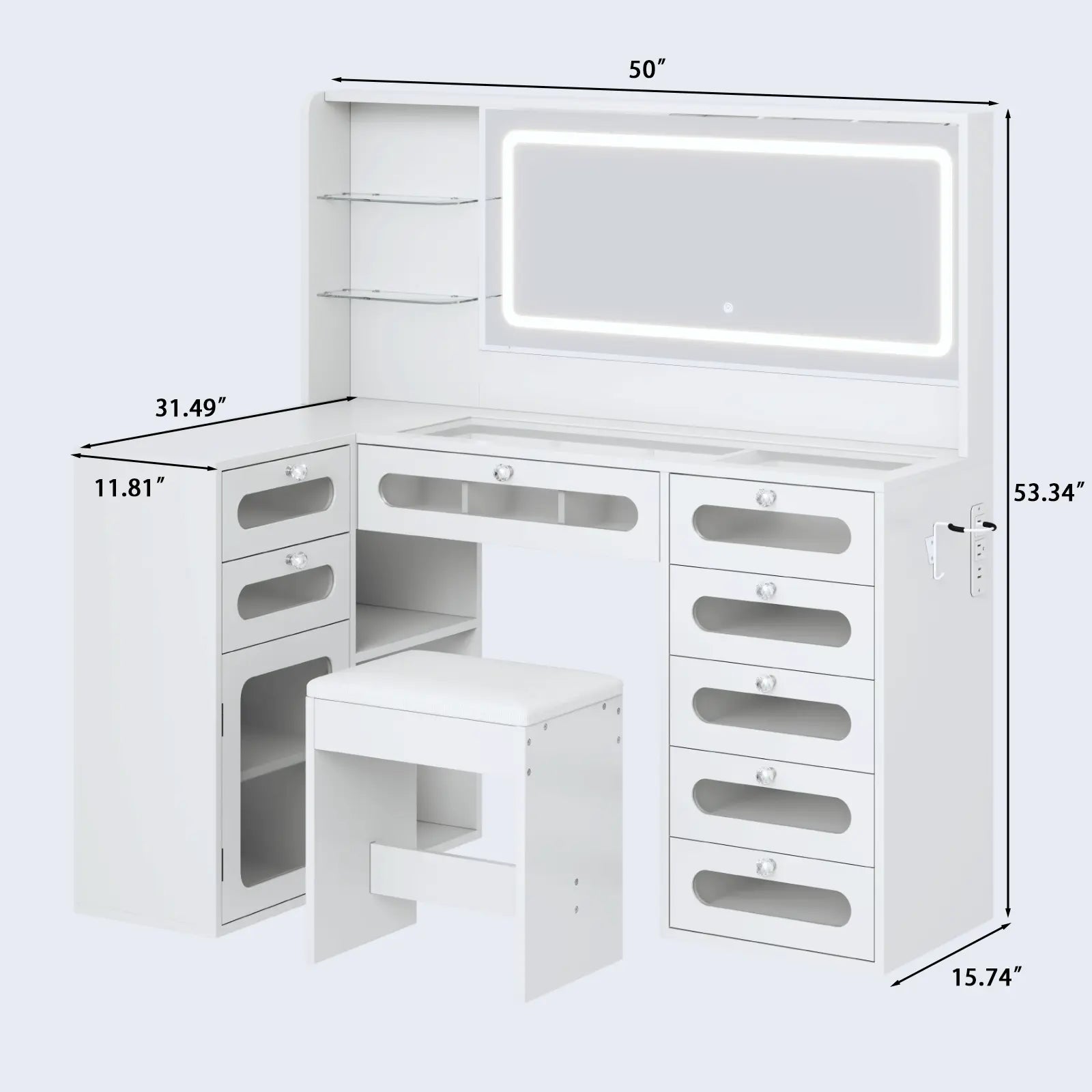Vanity Desk with LED Mirror, Makeup Vanity with Charging Station, Cabinets , 8 Drawers Vanity Set with Glass Top, Dressing Table for Bedroom, White Led Mirror Desk