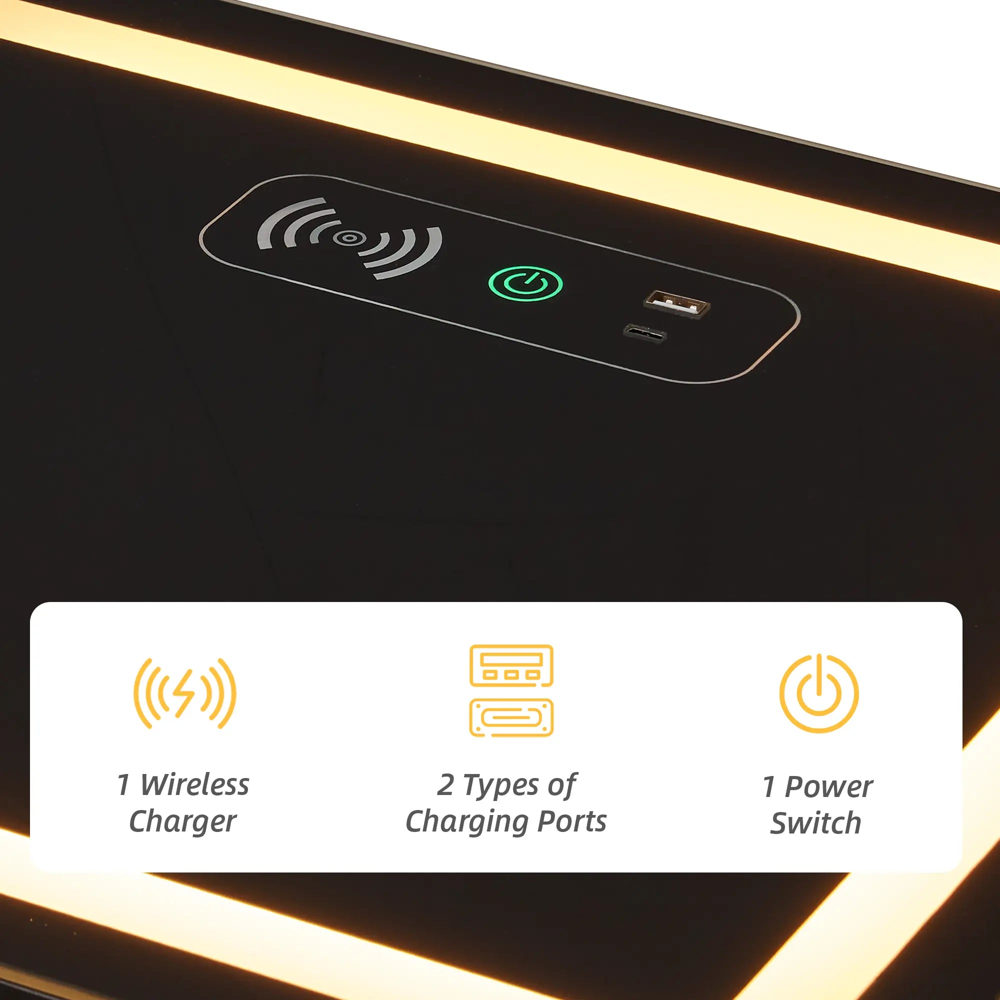 EROMMY Modern Night Stand - Smart LED Bedside Table with Adjustable Leds, Wireless Charging, USB & Type-C Ports, Drawers, Black and Gold Indoor Bedroom Furniture, Nightstand