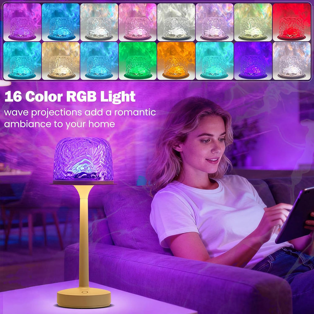 Cordless Lamp,Led Lights,Ocean Wave Projector Light,16-Color Touch Dimmable Bedside Lamps,Ambient Lighting for Bathroom,Inside Shower,Bathtub,Room Decor Aesthetic